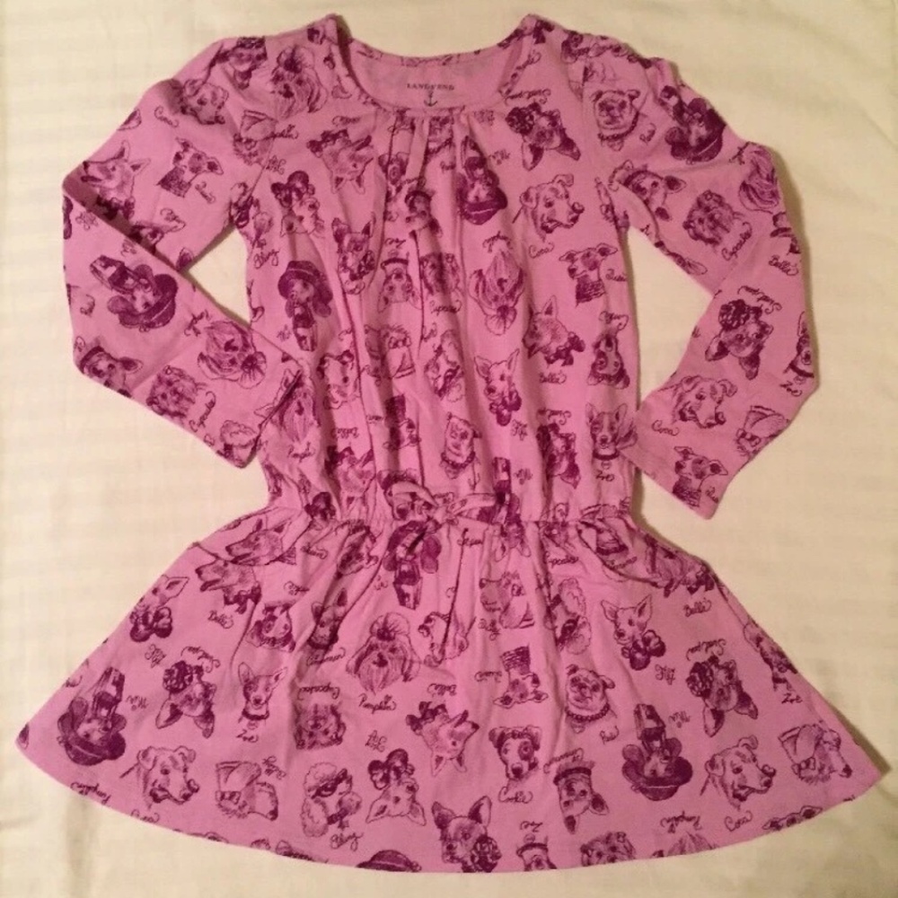 LANDS' END Little Girl DRESS Size: SMALL (4) New Knit Long Sleeve Dogs
